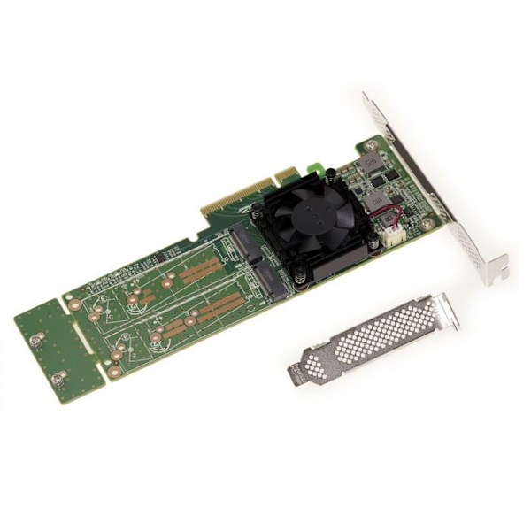 M2 PCIe 3.0 x8-kontrollkort för 2 M.2 NVMe M Key SSD:er. PLX PEX 8747-chipset - 32GB per SSD, 64G totalt. Hög och låg profil.