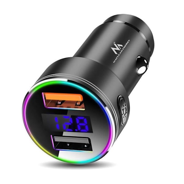 Maclean MCE375 Cigarettändare Billaddare Aluminium Display USB Voltmeter 1x QC 3.0 USB 1x 5V-2.4A RGB LED svart