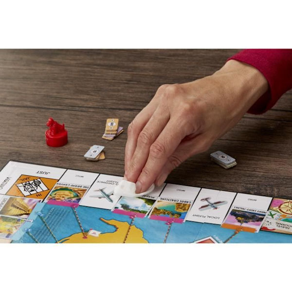 Monopolymatchen runt om i världen, sällskapsspel, från 8 år, med stämplande pjäser och en torrtavla. Flerfärgad