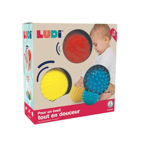 LUDI - Box med 3 mjuka, lättgreppade sensoriska bollar för spädbarn från 6 månader och uppåt Rödblå gul