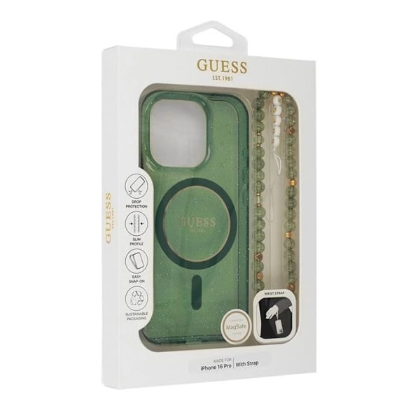 Coque för iPhone 16 Plus - Guess IML Glitter med Pearl Strap MagSafe (GUHMP16MHGCGCRELSA) - Grön
