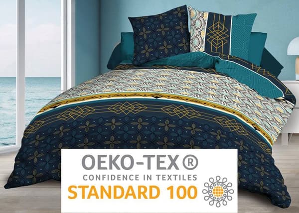 Påslakan 240x260 + 2 örngott - Microfiber - Biarritz Blå, Guld, Vit