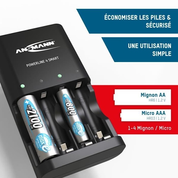 Batteriladdare - ANSMANN - Powerline 4 Smart - 1 till 4 AA/AAA-batterier - LED-skärm - Reparationsläge