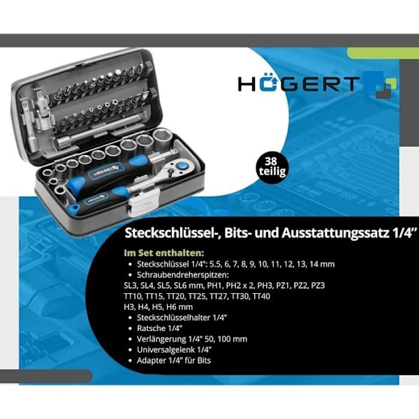 Verktygslåda - HOGERT TECHNIK - HT1R462 - 38 Delar - Stål S2 och Cr-V - 72-tands spärrmekanism