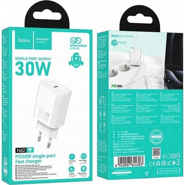 Laddare - väggadapter Hoco Väggladdare Typ C PD QC 30W N62 vit