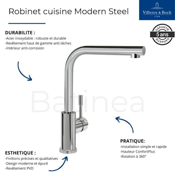 Villeroy Modern Steel Köksblandare, rostfritt stål, polerat massivt rostfritt stål 966801LE Rostfritt stål