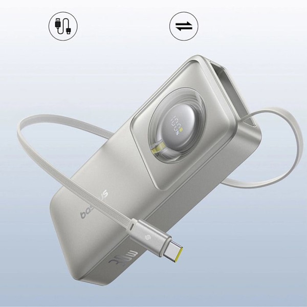 Powerbank 10 000 mAh, 30 W, inbyggd typ C-kabel - Baseus Free2Pull (P10073701843-00) - Grå