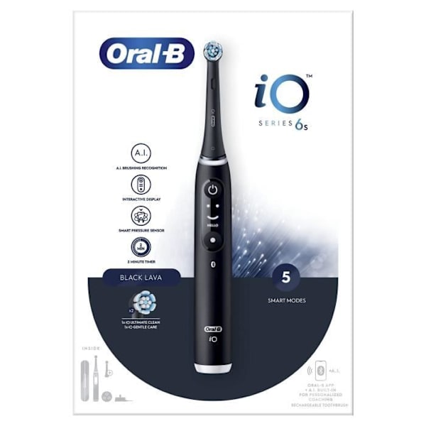 Oral-B iO 6 svart elektrisk tandborste - 3 borsthuvuden - 5 borstlägen - Integrerad timer Svart