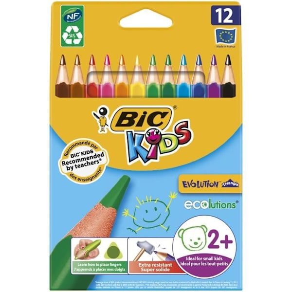 BIC Kids Evolution Triangle ECOlutions Triangulära färgpennor - blandade färger, kartong om 12 Blandad