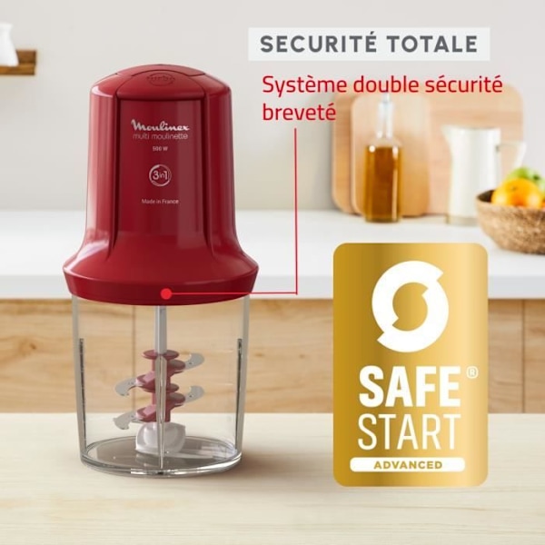 MOULINEX Multimoulinette Mini elektrisk hackare, 500 ml, 6 blad i rostfritt stål, 2 hastigheter, Blender, Tillverkad i Frankrike AT714G32 rubinröd