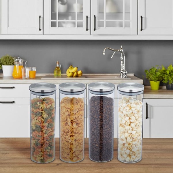 Relaxdays Set med 4 glasburkar, 1,6 l, hermetisk, lock av rostfritt stål, matdesignerburk, transparent/silver transparent, silver