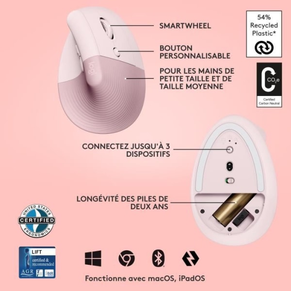 Logitech Lift Ergonomic Vertical Wireless Mouse, Bluetooth eller Logi Bolt USB-mottagare, Silent - Rosa