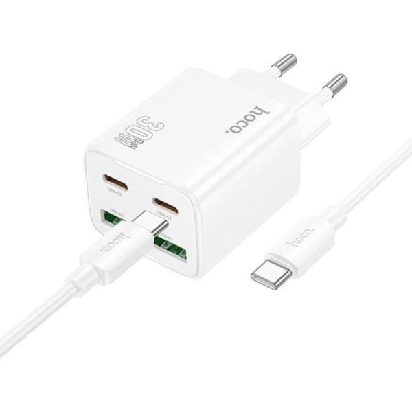 HOCO N56 Laddare 30W (PD 3A, QC3.0) 2x USB-C + 2x USB-A med vit USB-C-kabel Vit