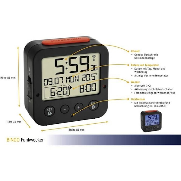 Klockradio - TFA - Bingo - Svart - 81 mm x 81 mm - Progressivt larm Svart