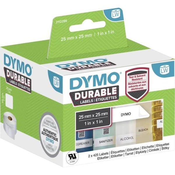 DYMO Etikettrulle 25 x 25 mm vit polypropenfilm 1700 st permanent 2112286 Universaletiketter, Etiq