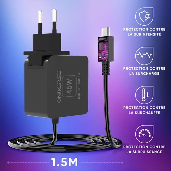 AC-adapterkabel 45W USB C - Oniverse - Snabbladdning - Kompatibel med Switch, PC, Android - 1.5m