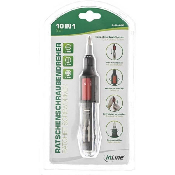 InLine 43090 Ratschen-Schraubendreher 10in1 Mini, Bit-Schnellwechsel-system med magnetisk verktygshållare