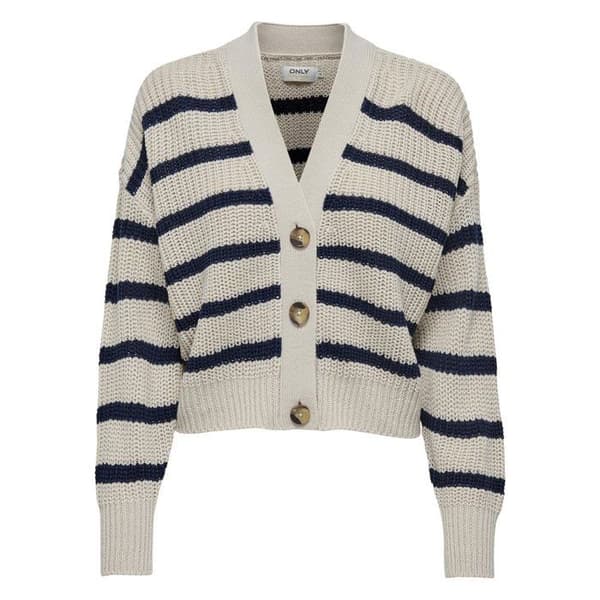 Beige randig kofta i stickad mesh med rak passform och V-ringning Ecru XL