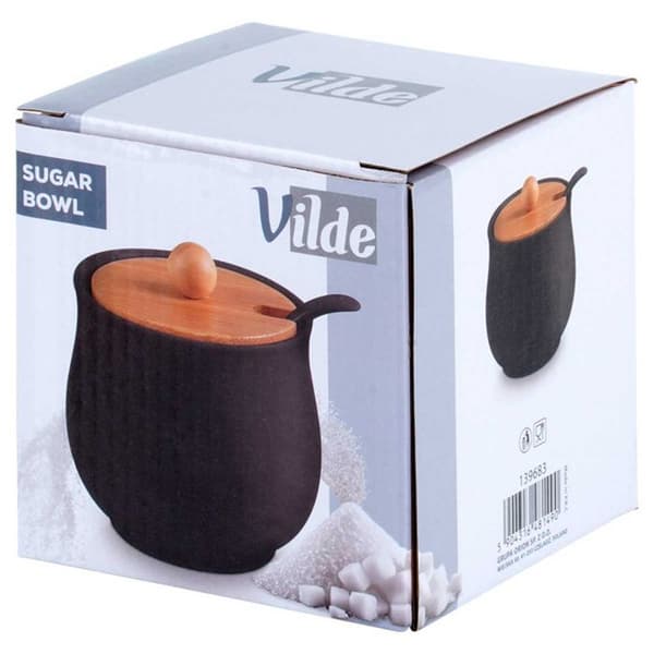 Keramiksockerbehållare - VILDE - Svart - Lock i bambu - Sked ingår - 9x9 cm - 250 ml - Modern design brun
