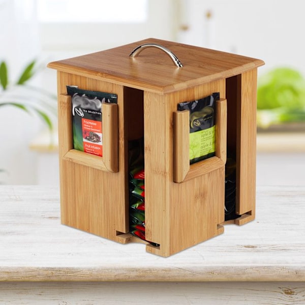 Relaxdays Te-box i bambu med 4 fack roterande display för 160 tepåsar HxlxB 20,5 x 18 x 18 cm, naturlig ljusbrun, silverfärgad