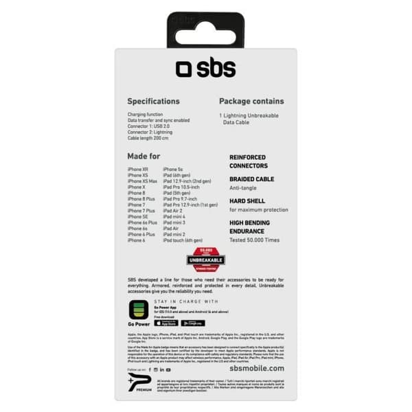 [SBS Generisk Laddning och Synk USB-Lightning MFi-kabel,