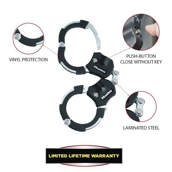 Stöldskydds Masterlock handbojor i härdat stål, 7,6 cm i diameter, 1 länk Svart