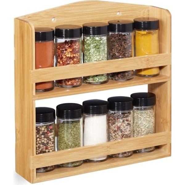 Relaxdays Bamboo kryddställ, 10 glasburkar, Spice display, wall organizer, förvaring, natur