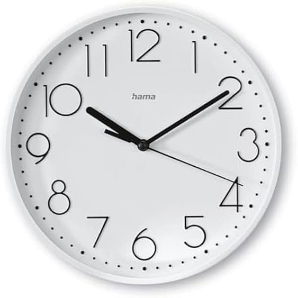 Väggklocka - HAMA - Salina - Tyst - Ø 22 cm - Stora siffror - Modern design Vit.