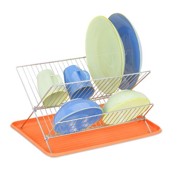 Relaxdays Metallisk diskställ (järn) för disk, hopfällbart stativ, med plastfat, praktiskt, orange orange, silver