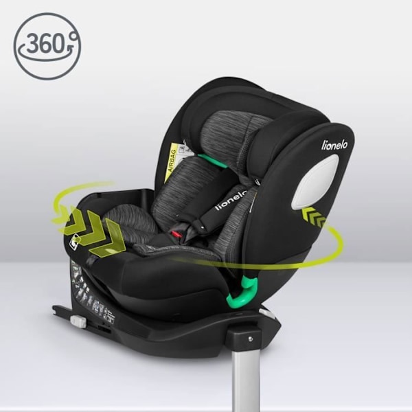 LIONELO Braam iSize justerbar bilbarnstol - Från 0 till 36 Kg - Grupp 0/1/2/3 - 360° ISOFIX-teknik - Svart svart och grått