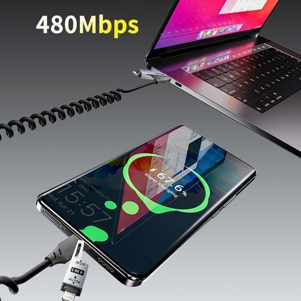 Spiral kabel 4 i 1 USB-A/USB-C - Lightning/USB-C - svart