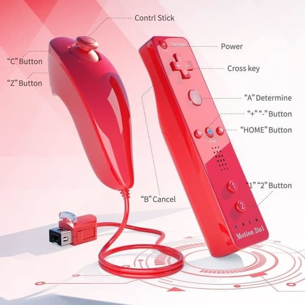 Spelkontroll - TechKen - 2-delad Wii-kontroll - Bluetooth - Vibration - Nunchuk ingår Blå, Röd