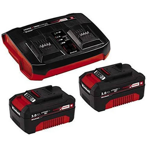 Einhell Startpaket 2 x 3,0 Ah Power X-Change och Twincharger Kit (litiumjon, 18 V, 2 x 3,0 Ah, kompatibel med alla 451208)