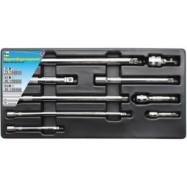 Set med 9 förlängningar - längd: 50 till 450 mm - kvadrat: 1/4, 3/8 och 1/2