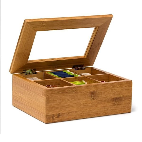 Relaxdays Bamboo Tea Caddy 6 fack Lös tepåse Box HxBxD: 9 x 22 x 16 cm Klart fönster, Natur -