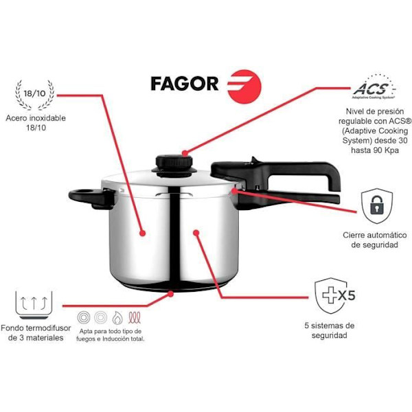 Tryckkokare 6 + 4 L, induktion, 18/10 rostfritt stål, tryckregulator FAGOR Dual Xpress 6/4 Silver 802790