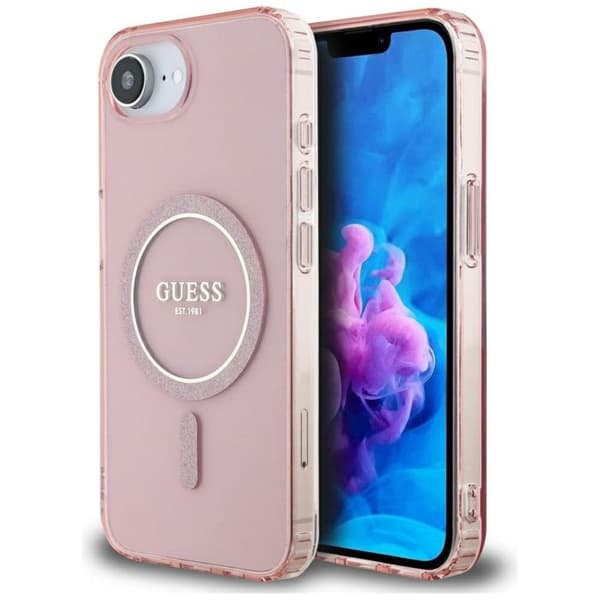 Coque Guess IML Glitter Circle MagSafe för iPhone 16e - Rosa Rosa