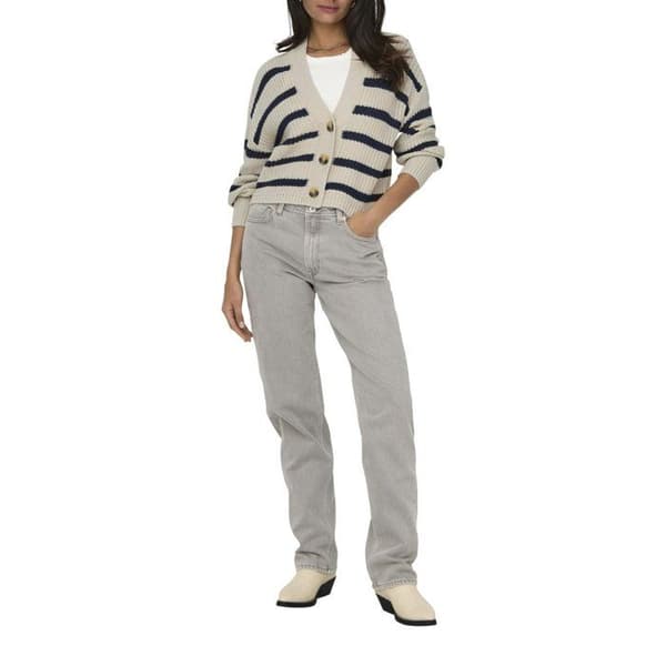 Beige randig kofta i stickad mesh med rak passform och V-ringning Ecru XL