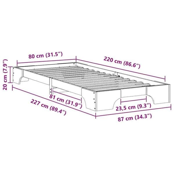 vidaXL Sängram Brun 80 x 220 cm Massivt furu 872913