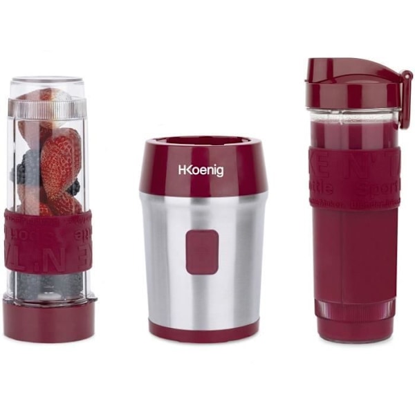 Minimixer - H.Koenig - SMOO10 - 300 W - 570 mL - Hallon - 2 flaskor ingår Hallon, grått och genomskinligt