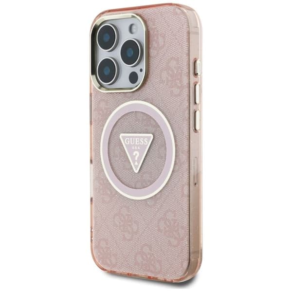 Coque Guess IML Metal Glitter 4G Circle Triangle MagSafe för iPhone 16 Pro (rosa)