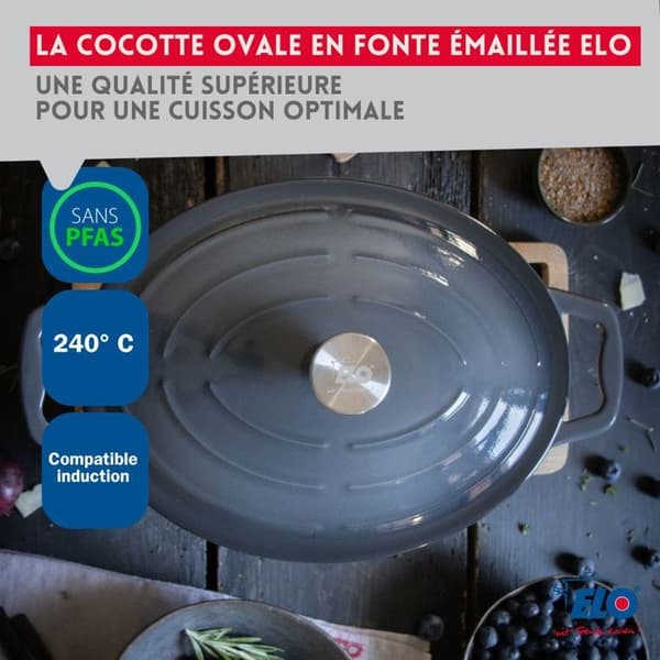 Emaljerad gjutjärn oval cocotte 33 cm klassisk grå 5 L Elo Grå
