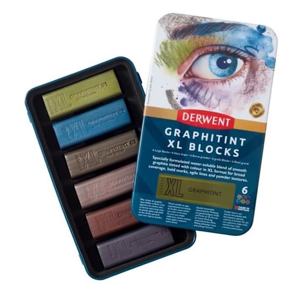 Färgpennor - DERWENT - XL GRAPHITINT - 6 grafitblock - akvarellpigment - avancerad vuxen olika färger