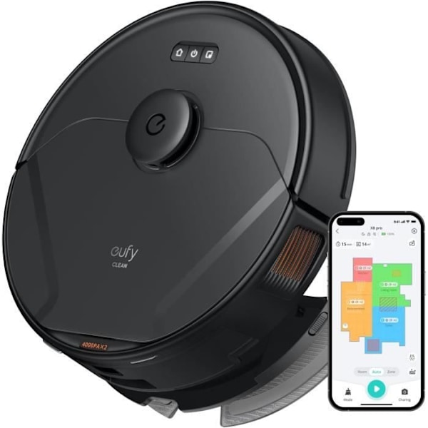 eufy Robotdammsugare Clean X8 Pro, Kraftfull sug med Twin-Turbine 2 4 000 Pa, Aktiv avlumningstrådsborste och navigation Svart