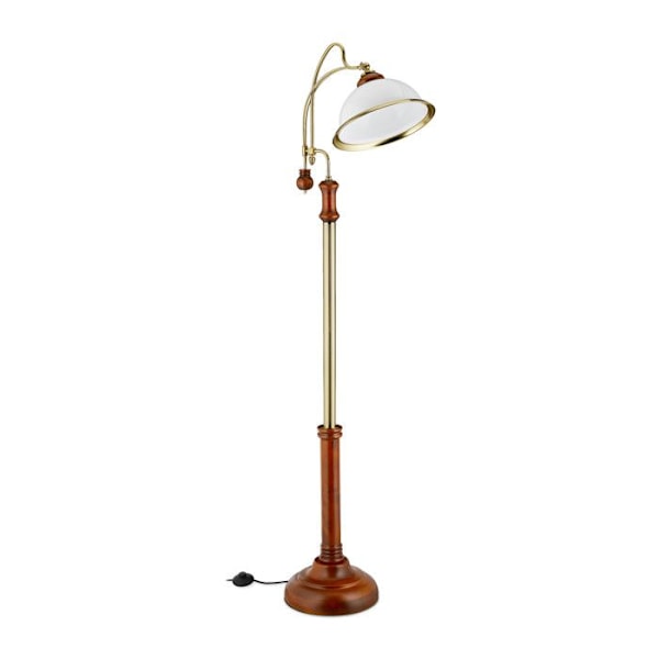 Relaxdays golvlampa, rundad, jugendstil, glasskärm, trä, E27-sockel, HxLxP: 166x40x36 cm, brun/guld brun, vit, gyllene