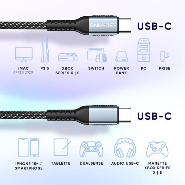 USB-C-kabel - Oniverse - 100W - 2m - Flätad - Kompatibel med PS5, Xbox, Switch, PC, Mac, iPhone 15