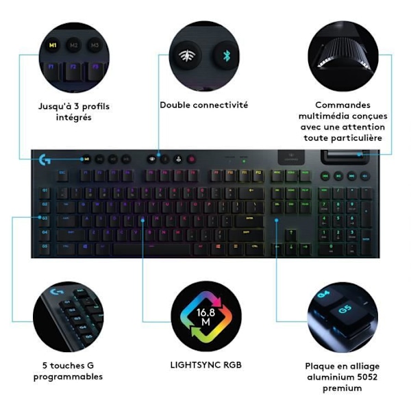 Speltangentbord - Trådlöst - Logitech G - G915 Lightspeed - Mekaniskt - GL Taktil - Bakgrundsbelyst - AZERTY - Svart