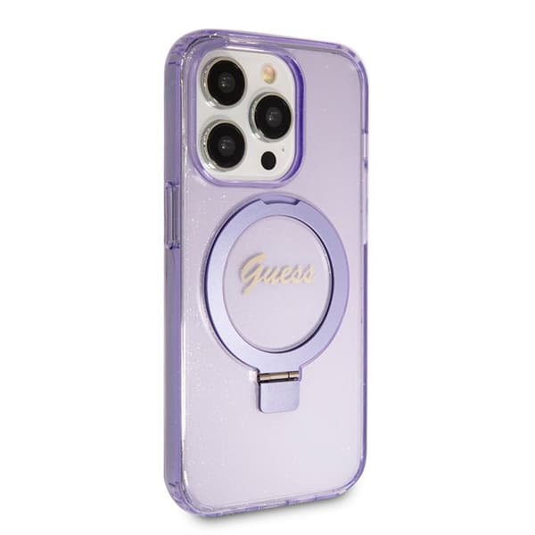 Coque Guess Ring Stand Script Glitter MagSafe för iPhone 15 Pro - Lila Lila
