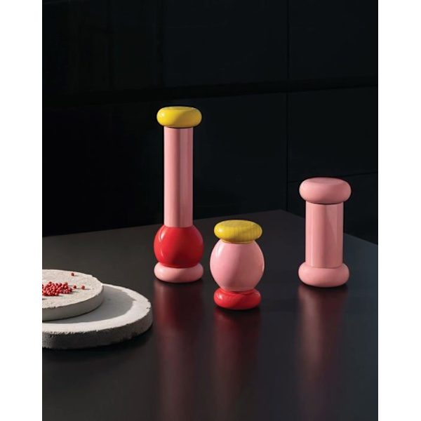 Alessi - MP0210 - Totem Domestici 2 - Salt-, peppar- och kryddkvarnsdesign i bokträ, rosa, rött och gult