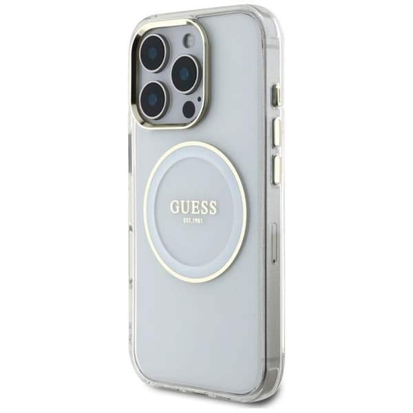 Coque Guess IML Metallfärgad Cirkel Klassisk Logotyp MagSafe för iPhone 16 Pro (vit)